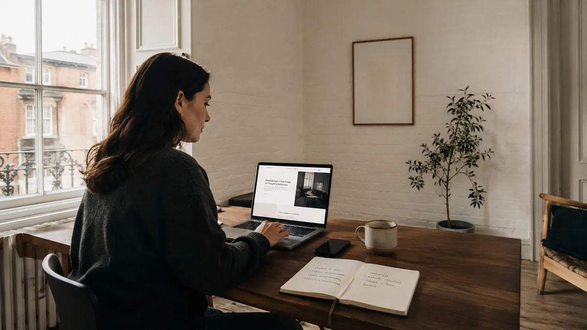 A small business owner reviewing her finished website on a laptop