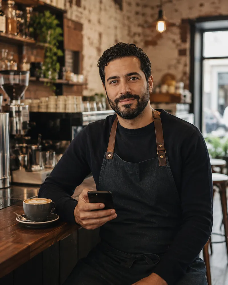 A café owner behind the counter