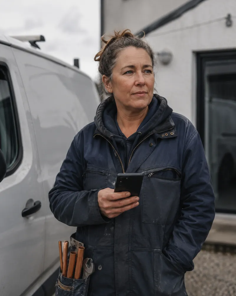 An Irish tradeswoman outside her work van