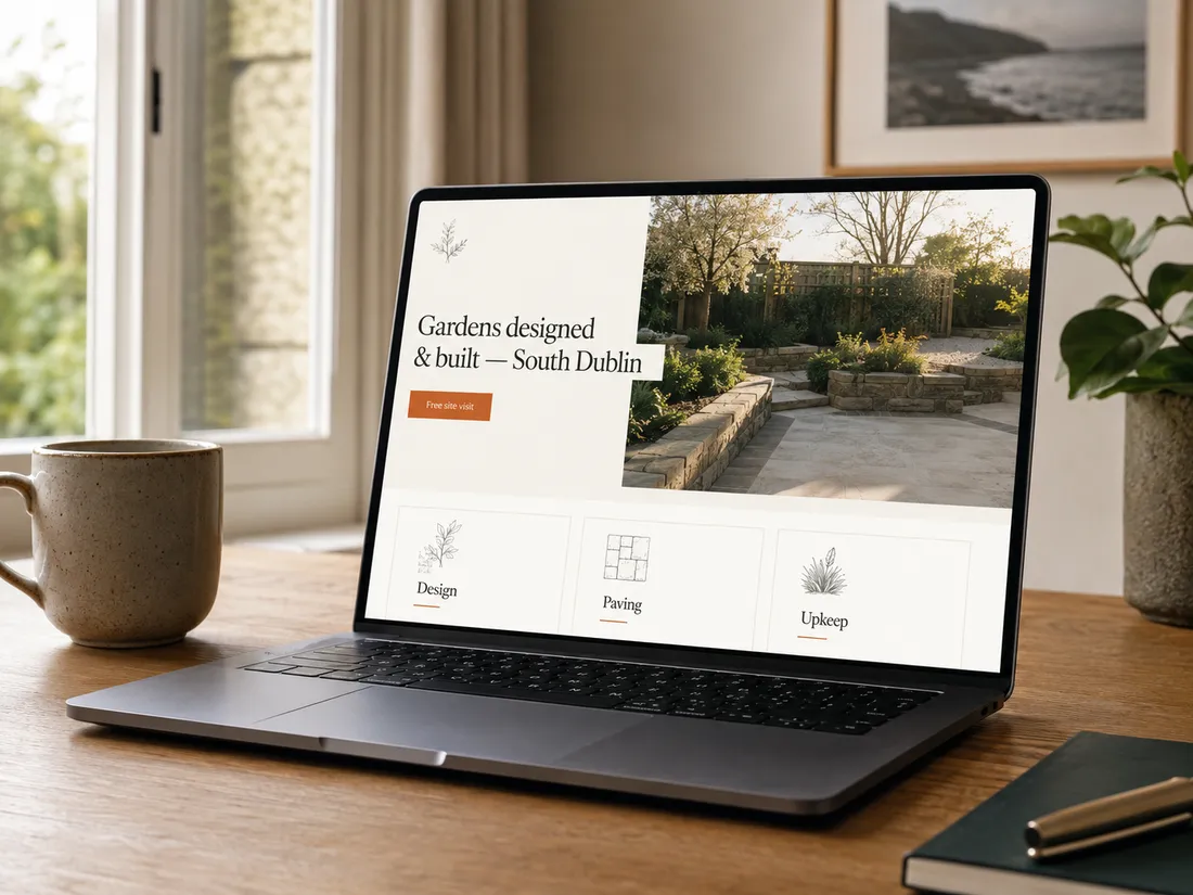 A landscaping business website shown on a laptop