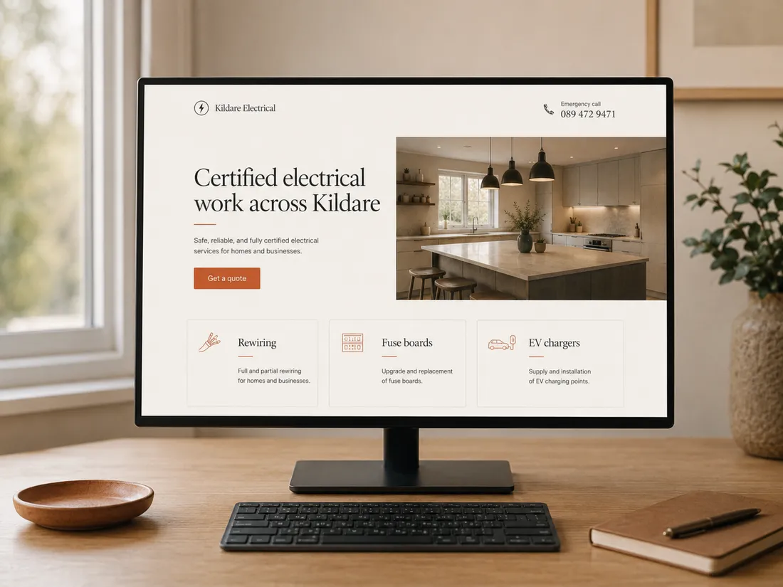 An electrician's website shown on a desktop monitor