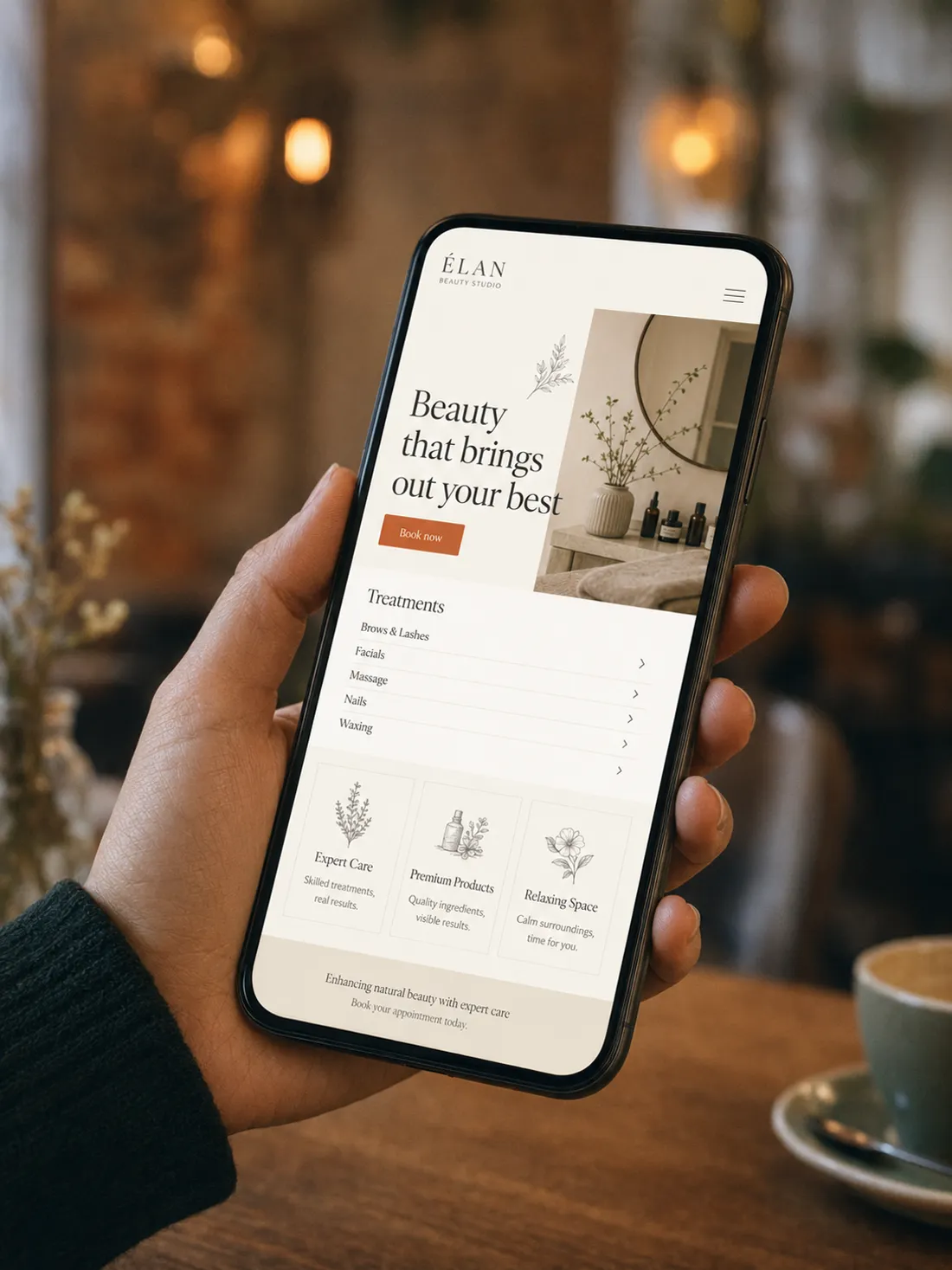 A beauty studio website shown on a phone